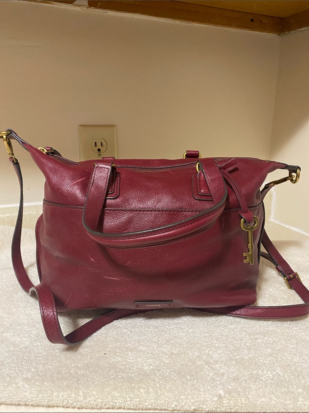 Fossil Burgundy Leather Satchel with Key Charm